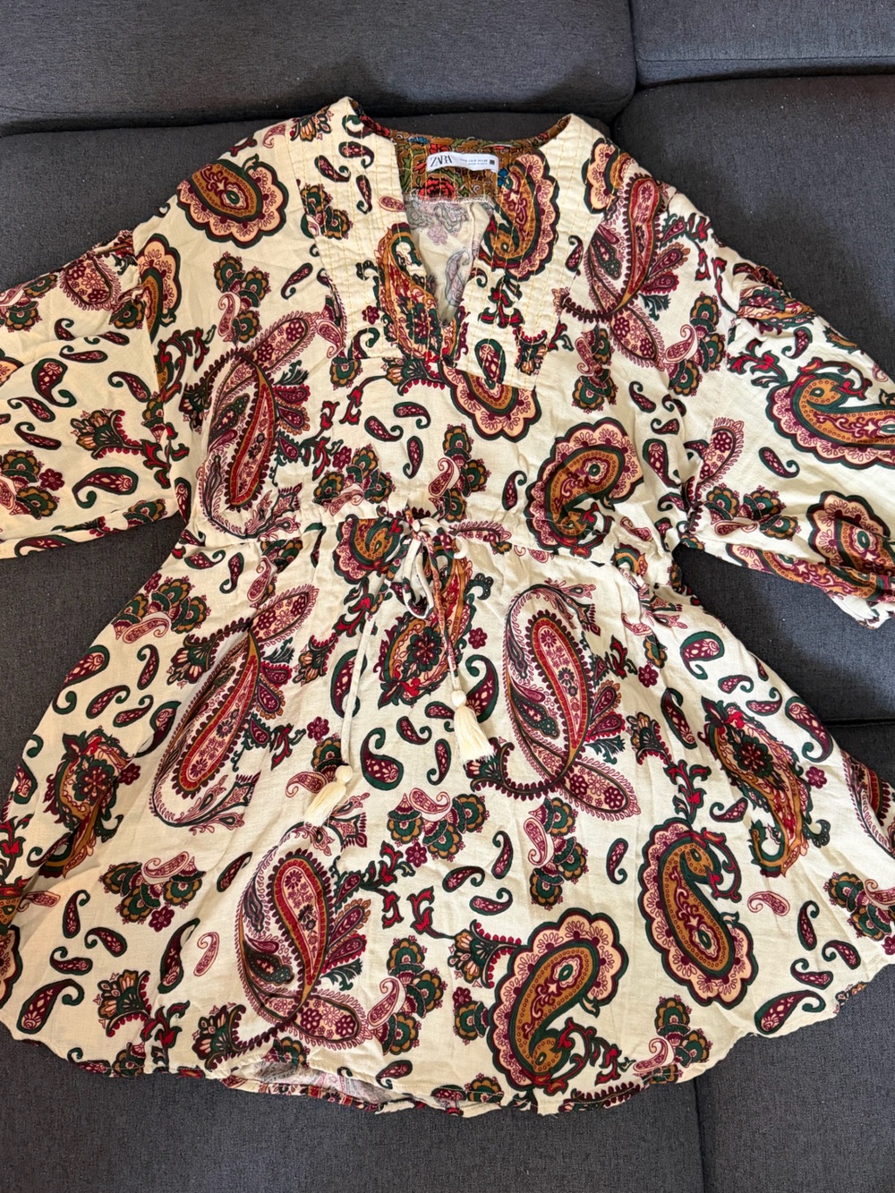 Zara Cream Paisley Tunic Dress with Pink & Green Motifs